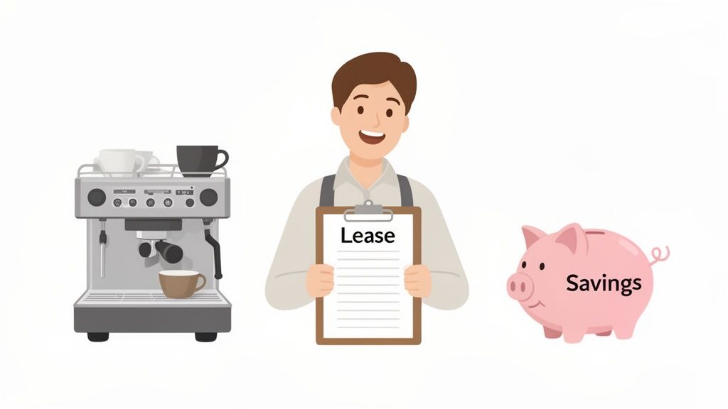 A commercial coffee machine next to a person holding a 'Lease' clipboard and a 'Savings' piggy bank.