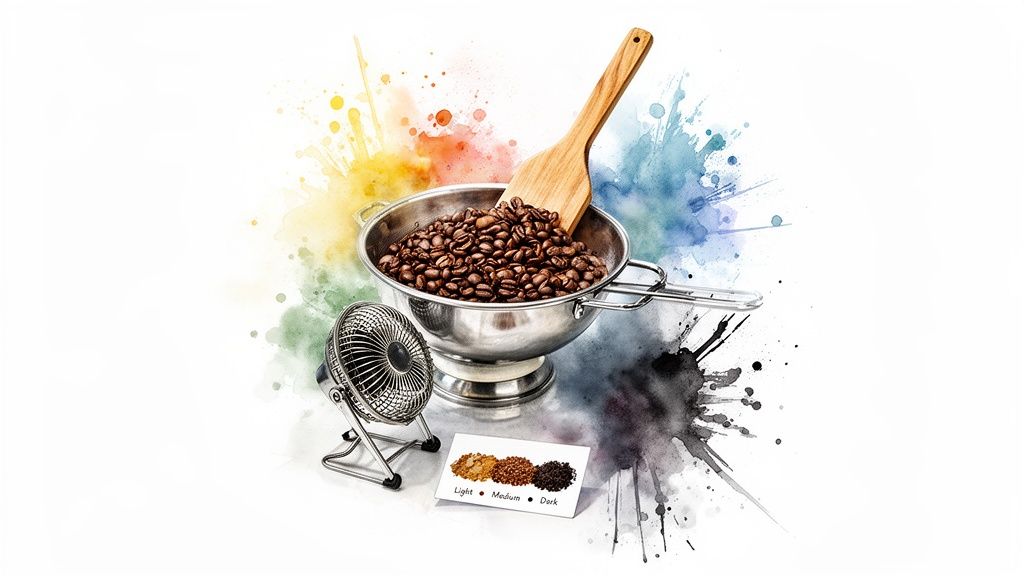 A setup for home coffee roasting with beans in a colander, a fan, and light, medium, dark roast samples.