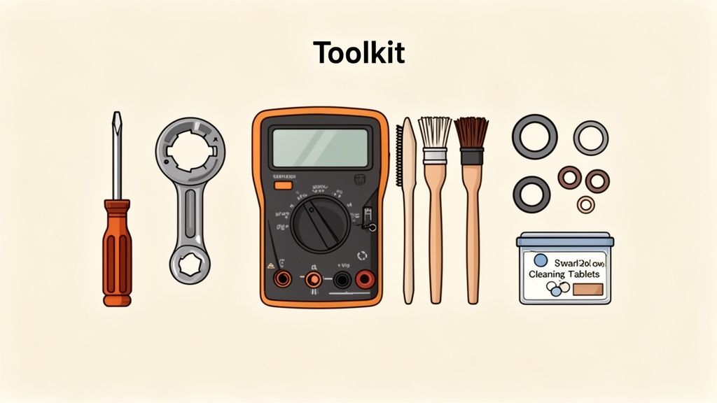 An organized toolkit featuring a screwdriver, wrench, multimeter, brushes, washers, and cleaning tablets.
