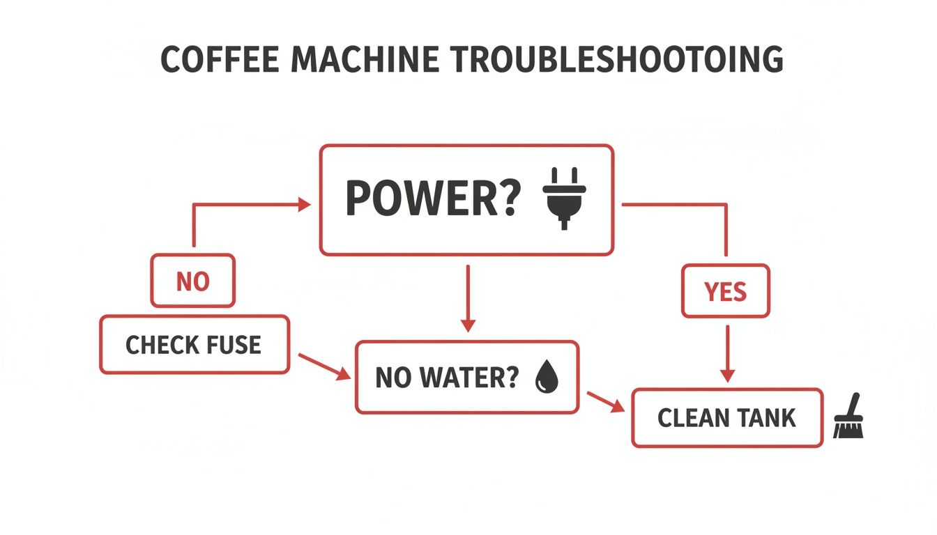 A coffee machine troubleshooting flowchart showing steps like checking power, fuse, and water tank.