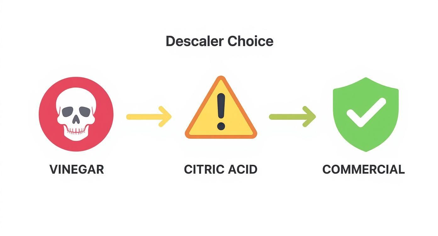 A visual guide comparing descaler choices: Vinegar (bad), Citric Acid (caution), Commercial (recommended).