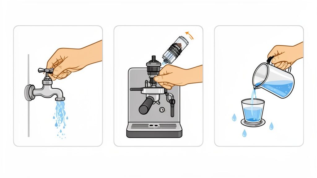 Three illustrations demonstrating steps: collecting tap water, installing a coffee filter, and pouring water.