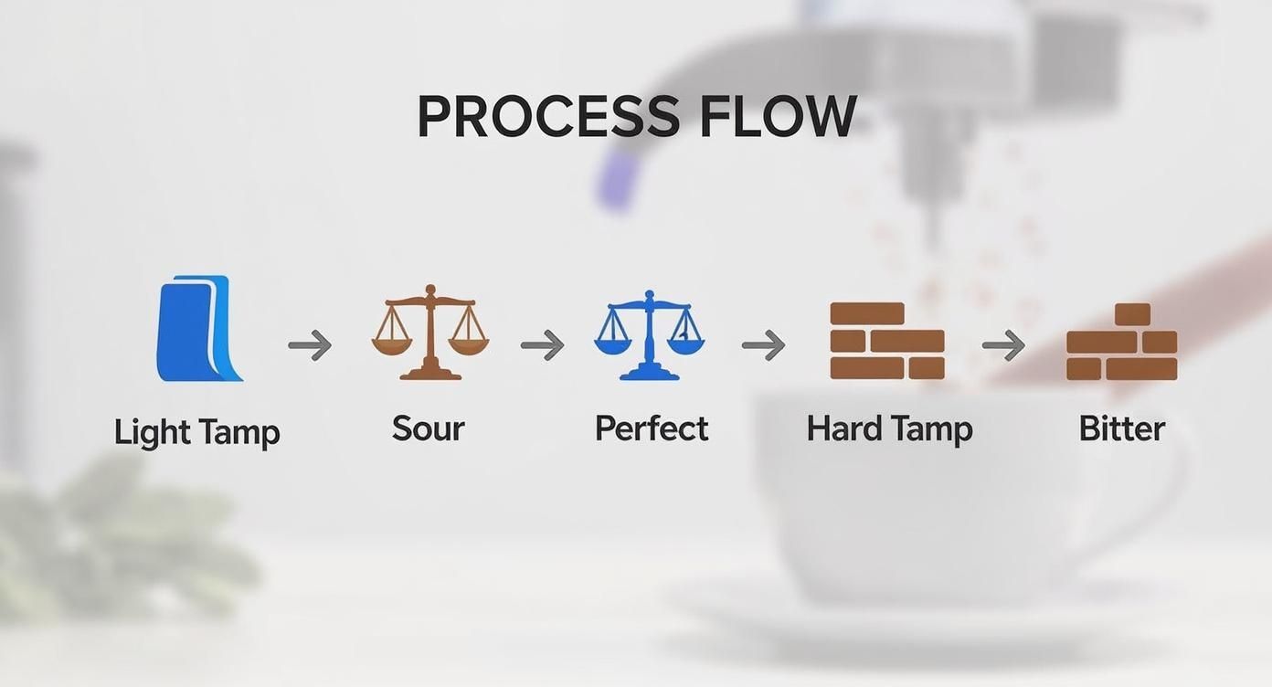 Process flow diagram illustrating how coffee tamping pressure affects espresso taste, from sour to bitter.
