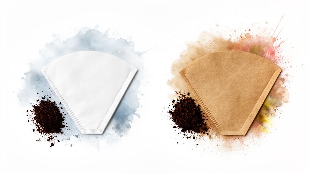 Two coffee filters, one white and one brown, with piles of ground coffee and artistic splashes.