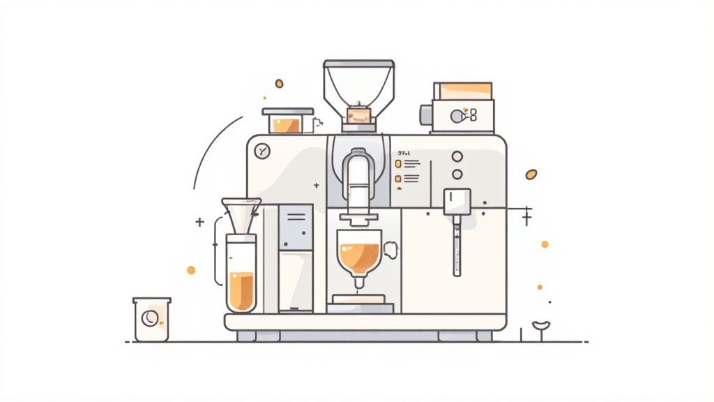 An illustration of a modern bean-to-cup coffee machine making a beverage into a glass.