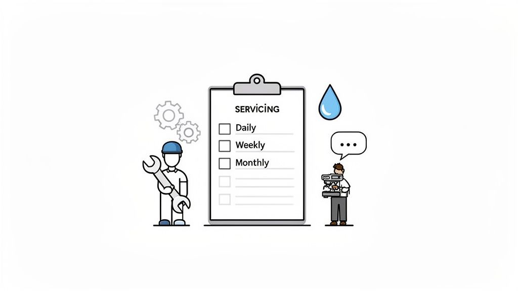 Illustration of a technician, a barista, and a servicing checklist with gears and a water drop, indicating maintenance.