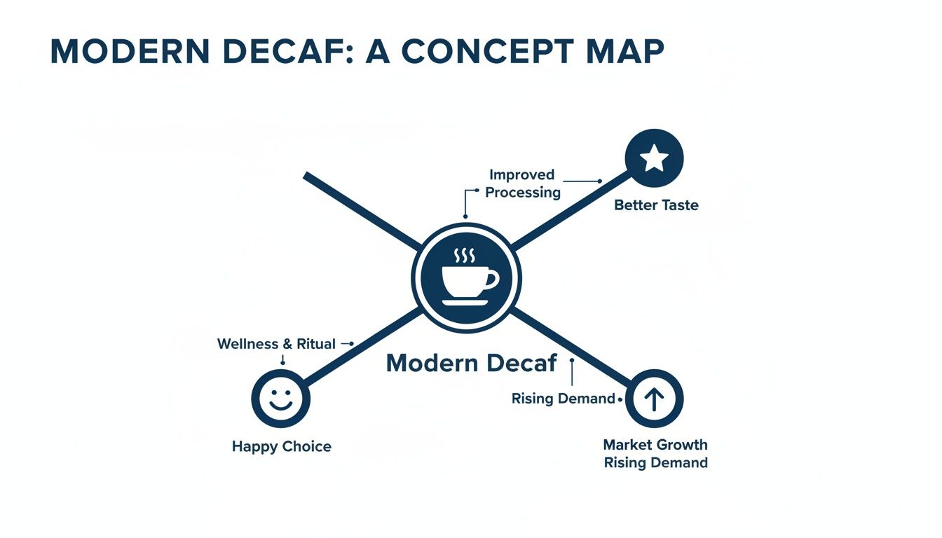 A concept map illustrating Modern Decaf, highlighting its better taste, wellness benefits, and rising market demand.