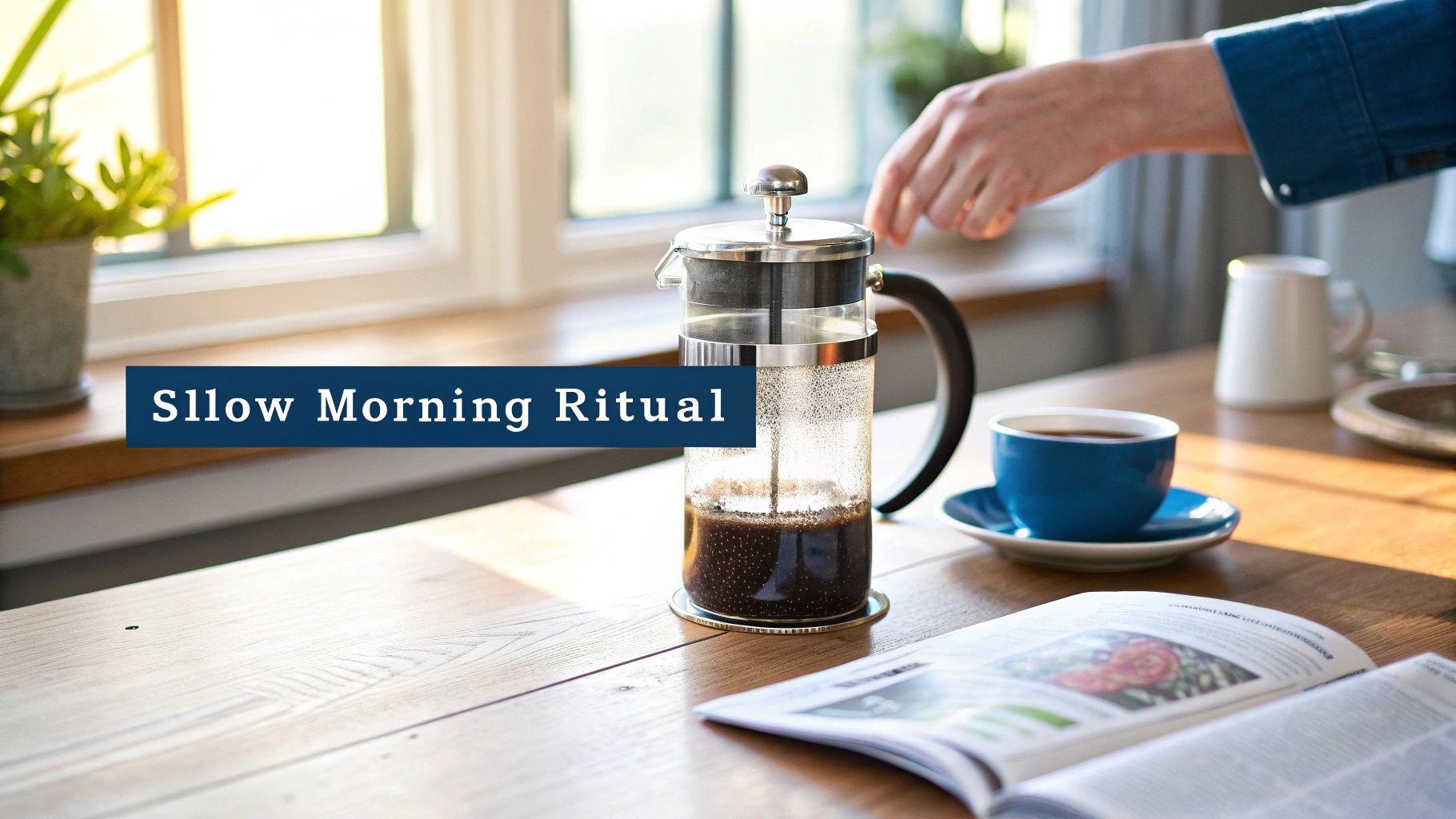 A person pouring freshly brewed coffee from a cafetière into a mug.