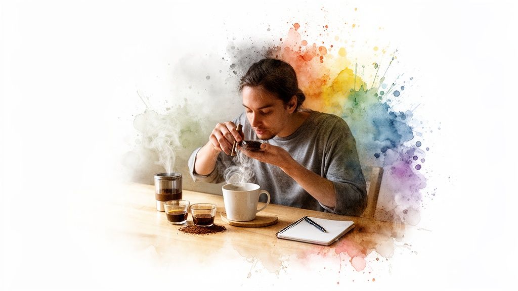 A man smelling coffee from a bowl, surrounded by coffee equipment and steam with a watercolor background.