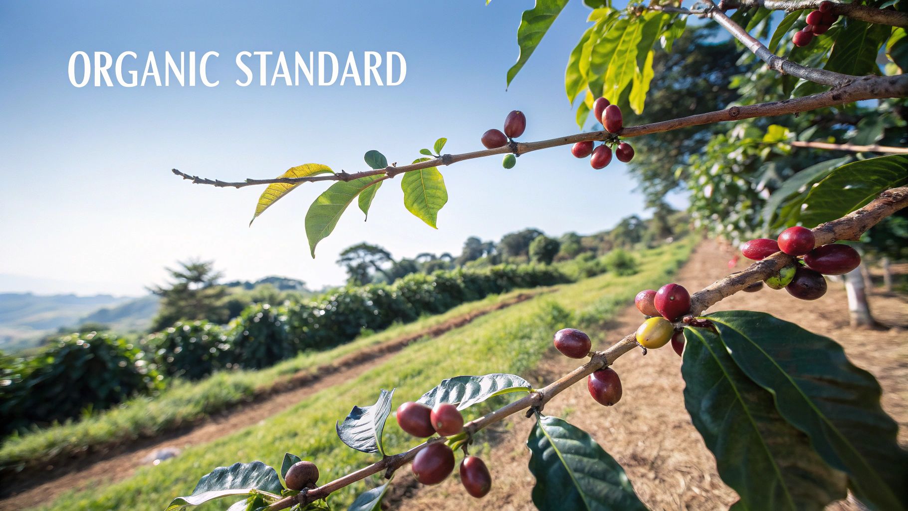 A certification logo on a bag of organic coffee beans, signifying quality and trust.