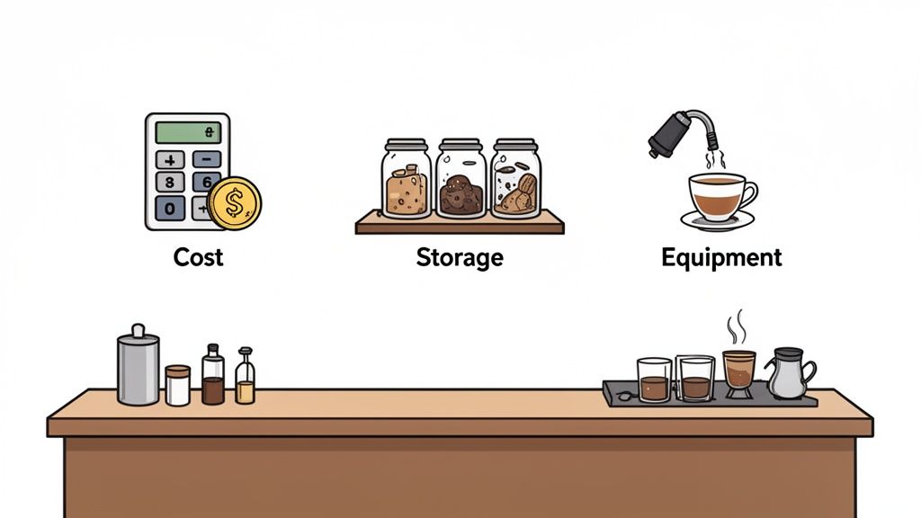 An illustration of a beverage station with elements for cost, ingredient storage, equipment, and prepared drinks.