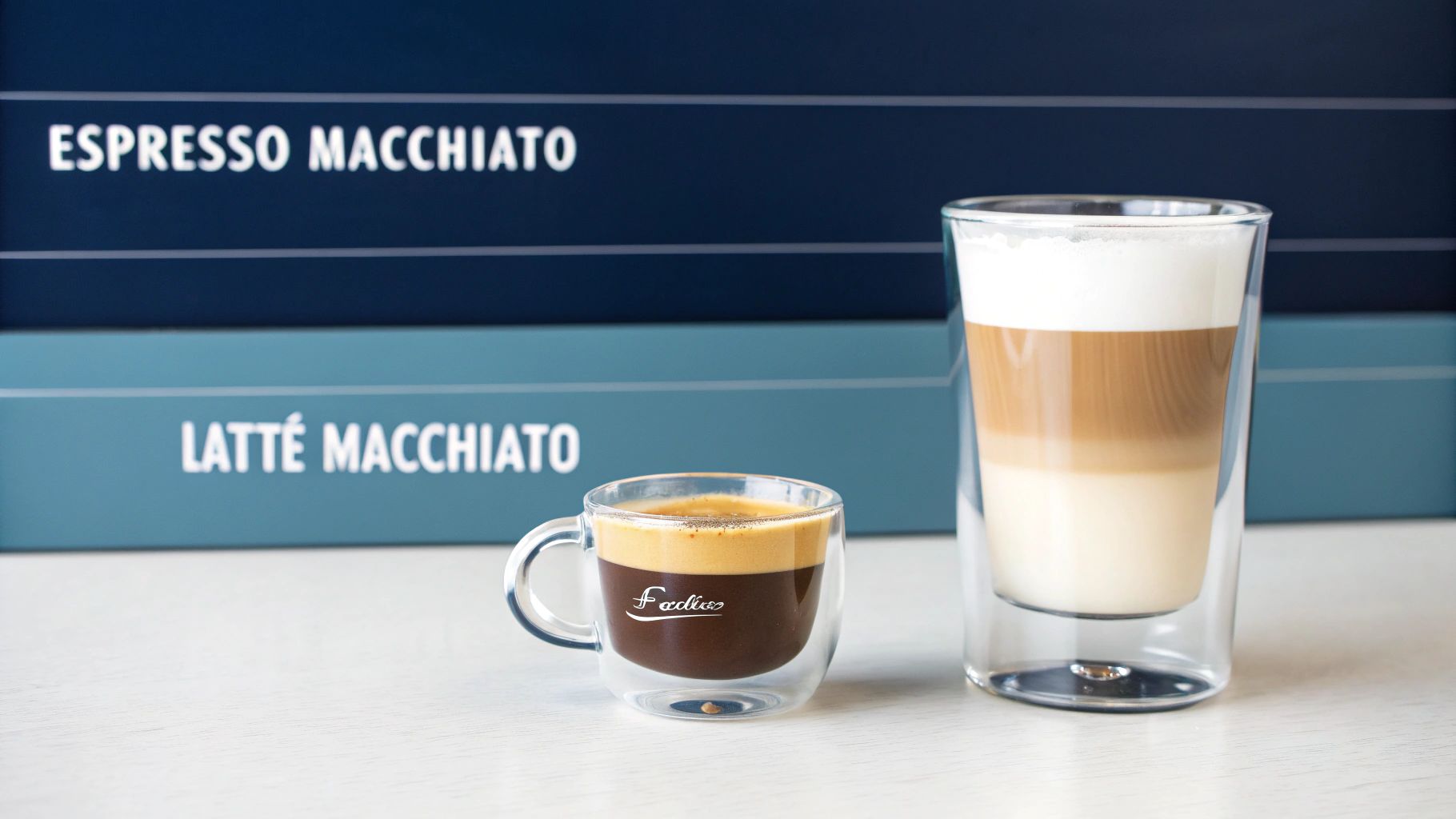 A beautifully layered macchiato in a clear glass, showing the distinct separation of espresso and milk.