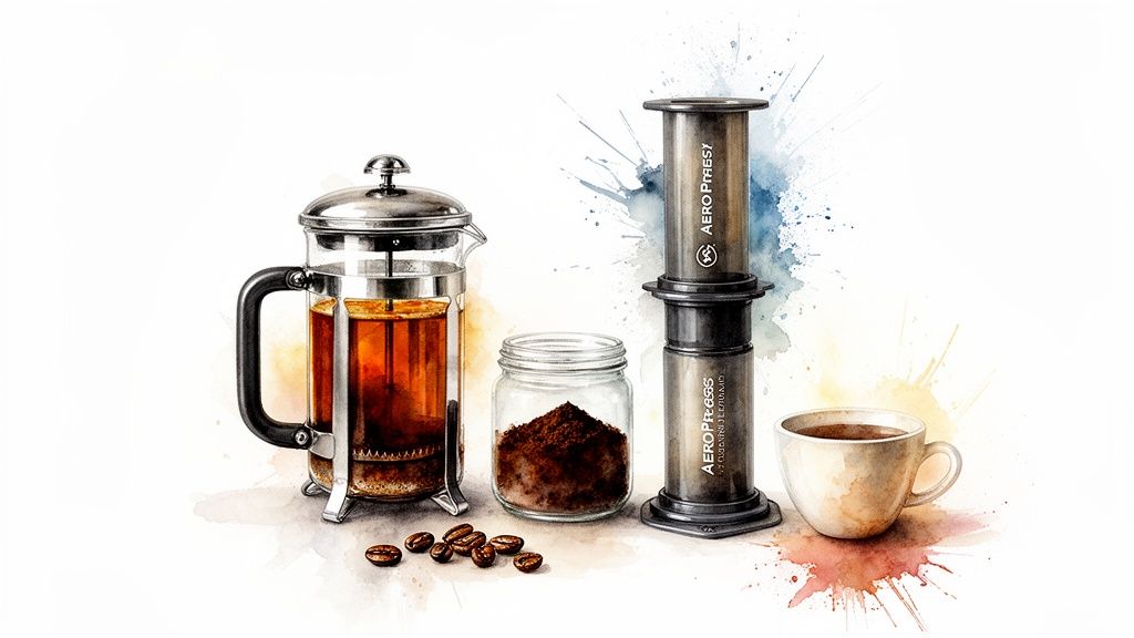 A watercolor illustration showcasing various coffee brewing methods including a French press, AeroPress, ground coffee, and beans.