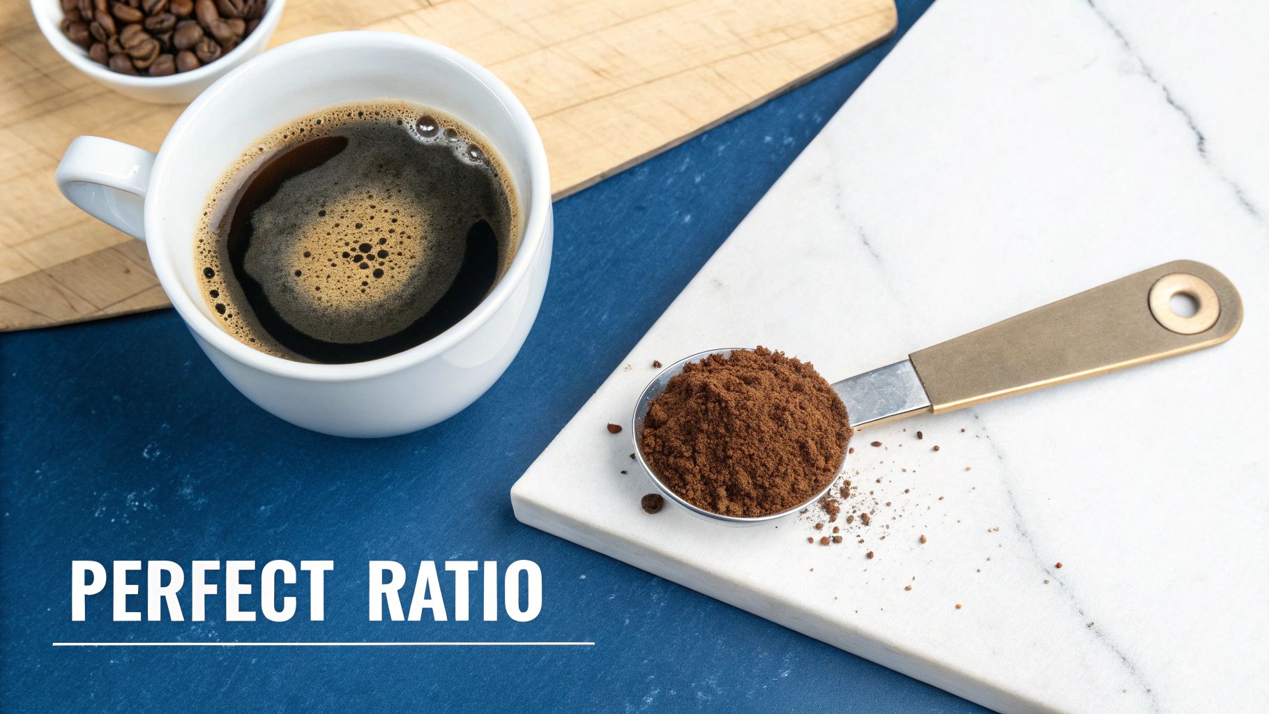 A hand scooping coffee beans into a portafilter with a silver spoon.