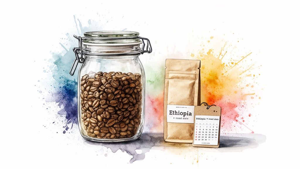 Ethiopian light roast coffee beans in a jar and a bag, with a roast date tag and watercolor splashes.