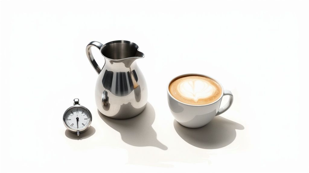 Stainless steel milk pitcher, timer, and cappuccino cup with latte art on white background