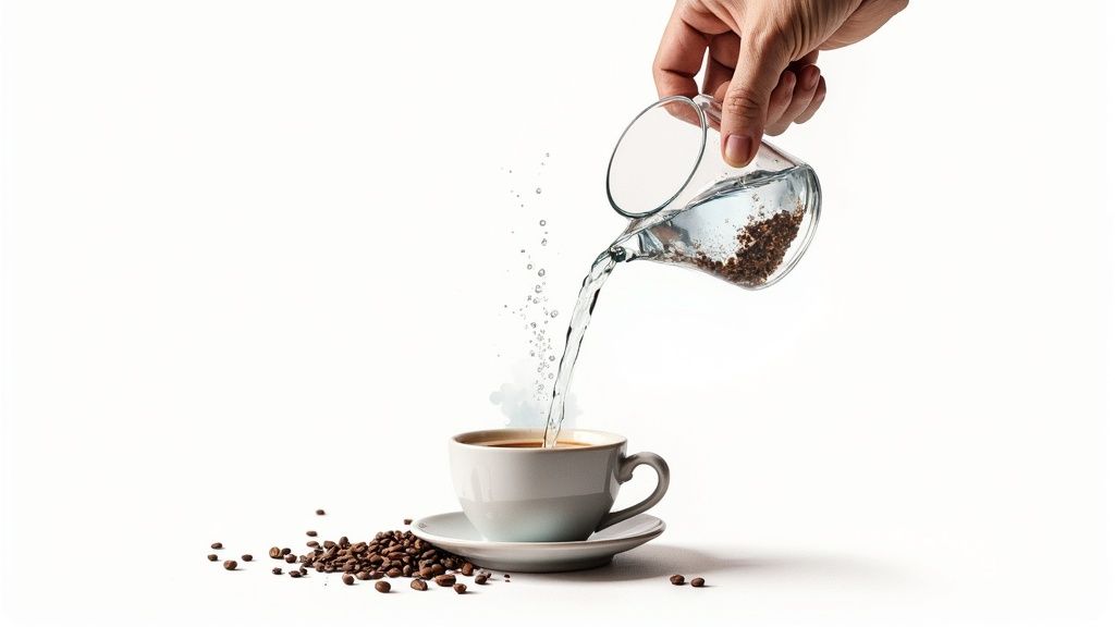 A hand pours hot water from a glass beaker into a white coffee cup with scattered beans.