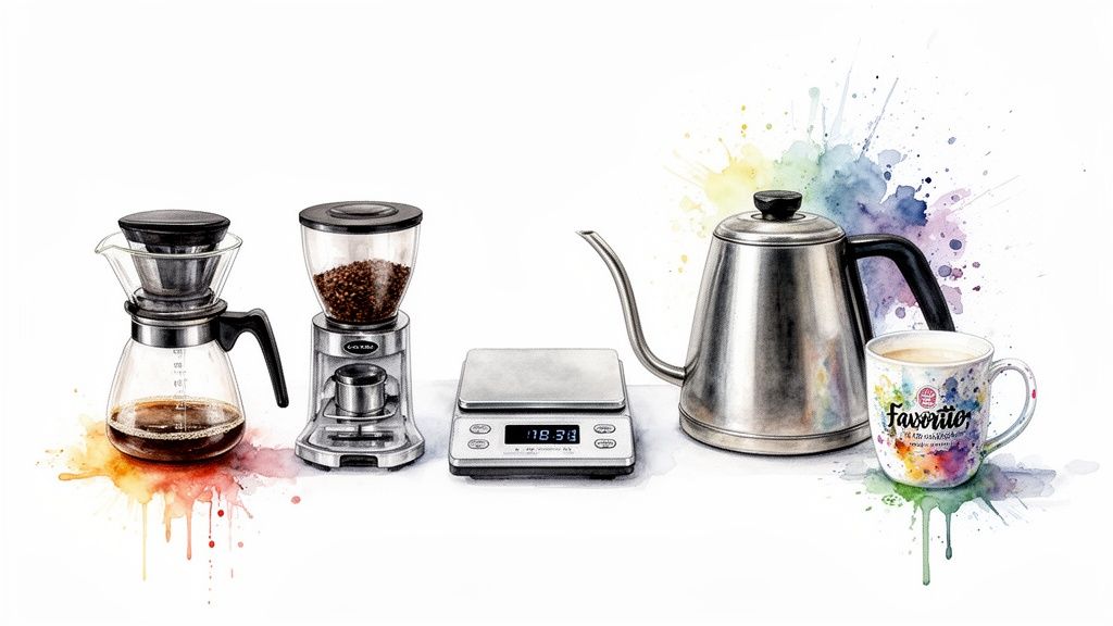 Watercolor illustration of coffee brewing essentials: pour-over, grinder, scale, kettle, and a colorful mug.