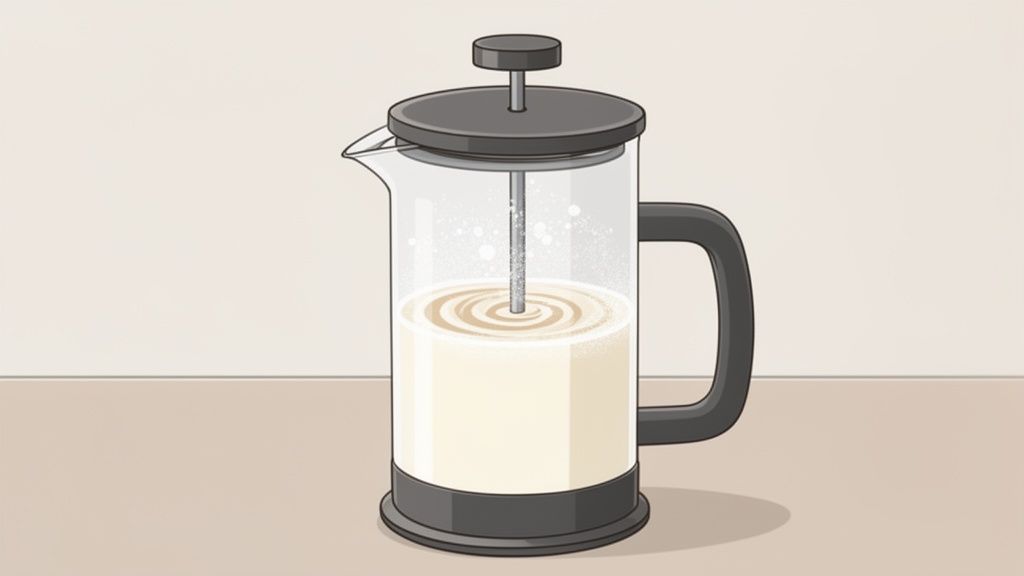 A French press containing milk, with the plunger actively frothing it to create foam and bubbles.