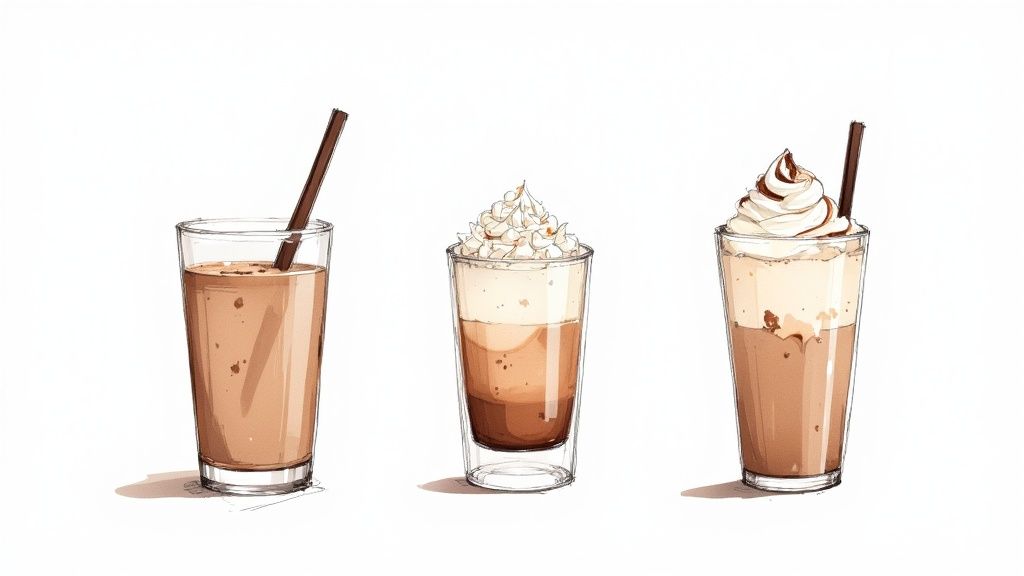 A hand garnishing a homemade mocha with chocolate shavings, with other decorative elements nearby.