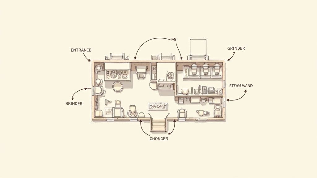Detailed top-down floor plan of a coffee shop, showing labeled stations like entrance, grinder, and steam wand.