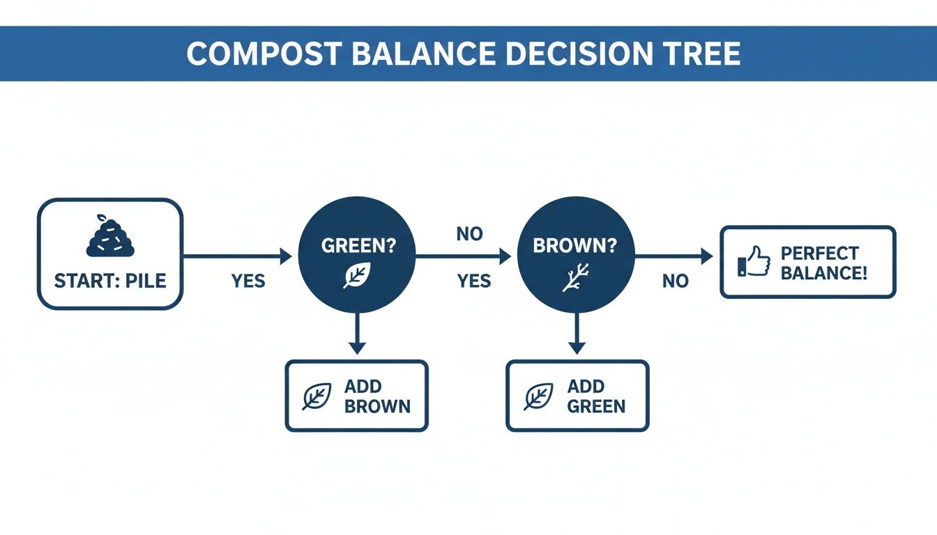 Flowchart illustrating how to balance a compost pile by adding green or brown materials for perfect balance.
