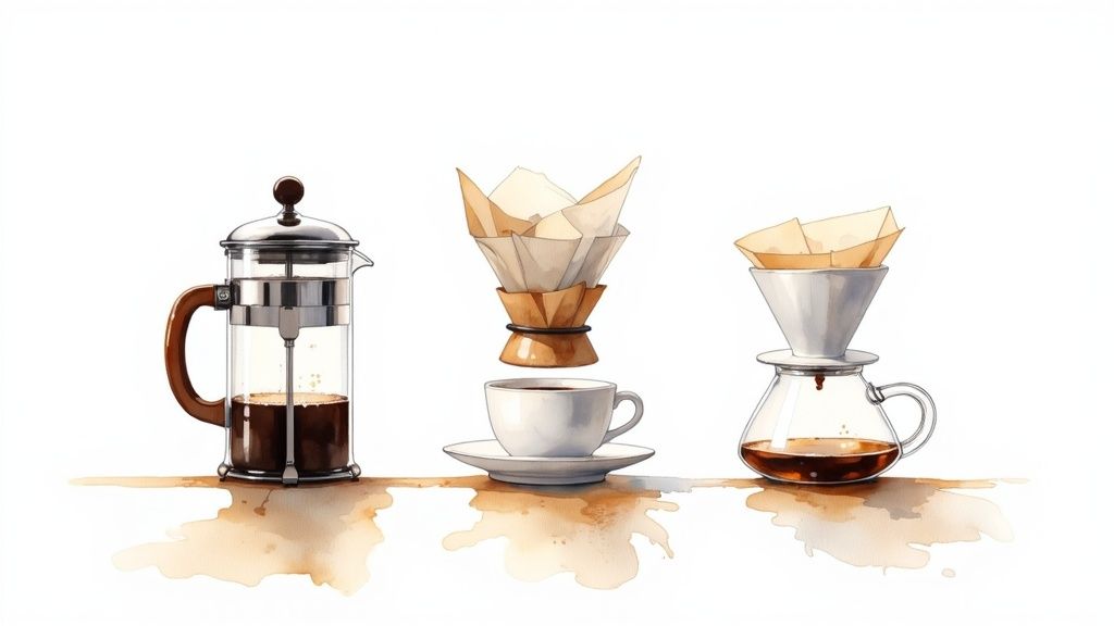 Watercolor artwork depicting three coffee brewing methods: French press, pour-over, and drip coffee.