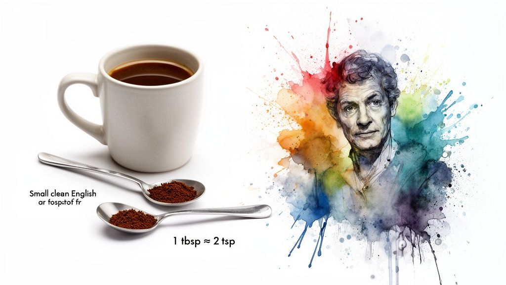 A white mug of coffee, two spoons with coffee grounds, and a watercolor portrait of a man.