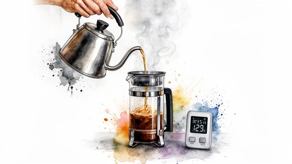 A hand pours hot water into a French press with coffee, next to a digital timer displaying temperature.