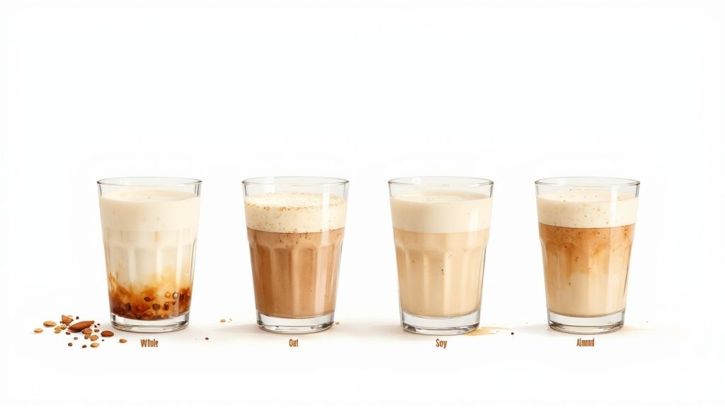 Four glasses of different milk types with foam showing white, oat, soy, and almond varieties