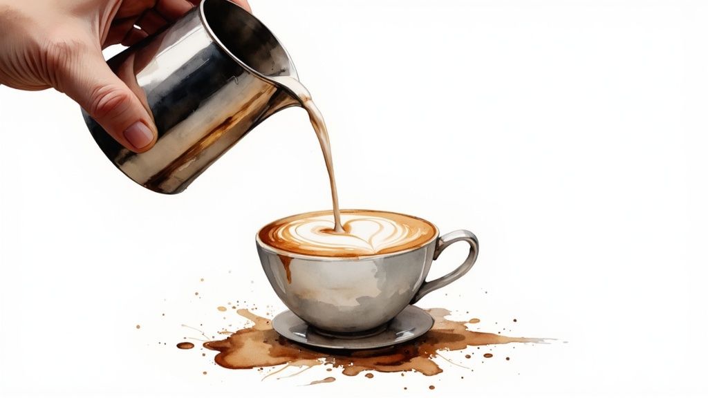 Hand pouring frothed milk from stainless steel pitcher into coffee cup creating latte art