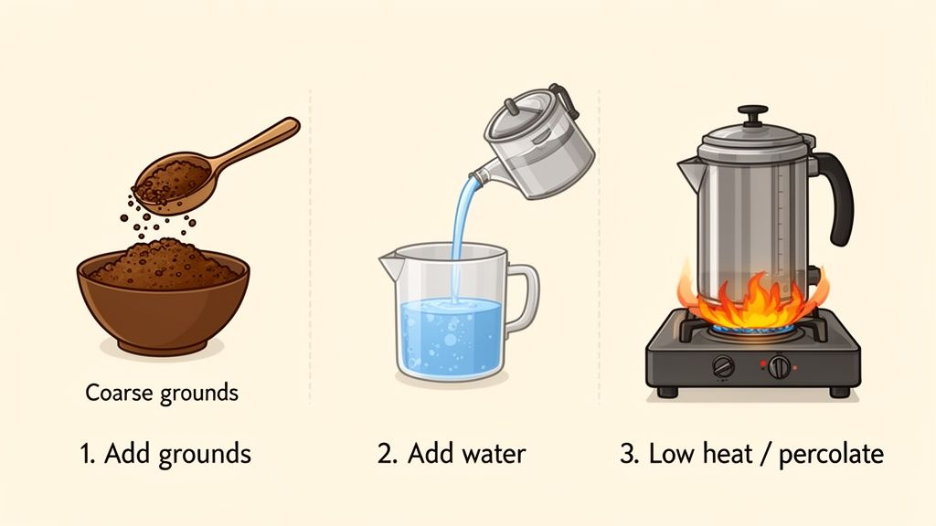 Three steps for making coffee in a percolator: adding coarse grounds, water, and perking on low heat.