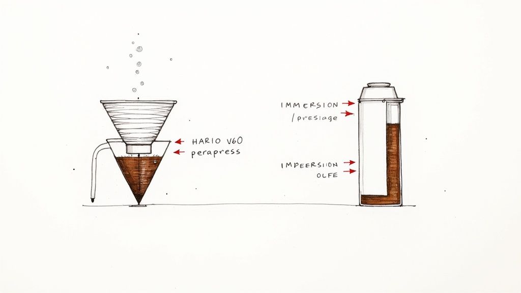 Two cups of coffee, one made with a V60 and the other with an AeroPress, showing their colour difference.