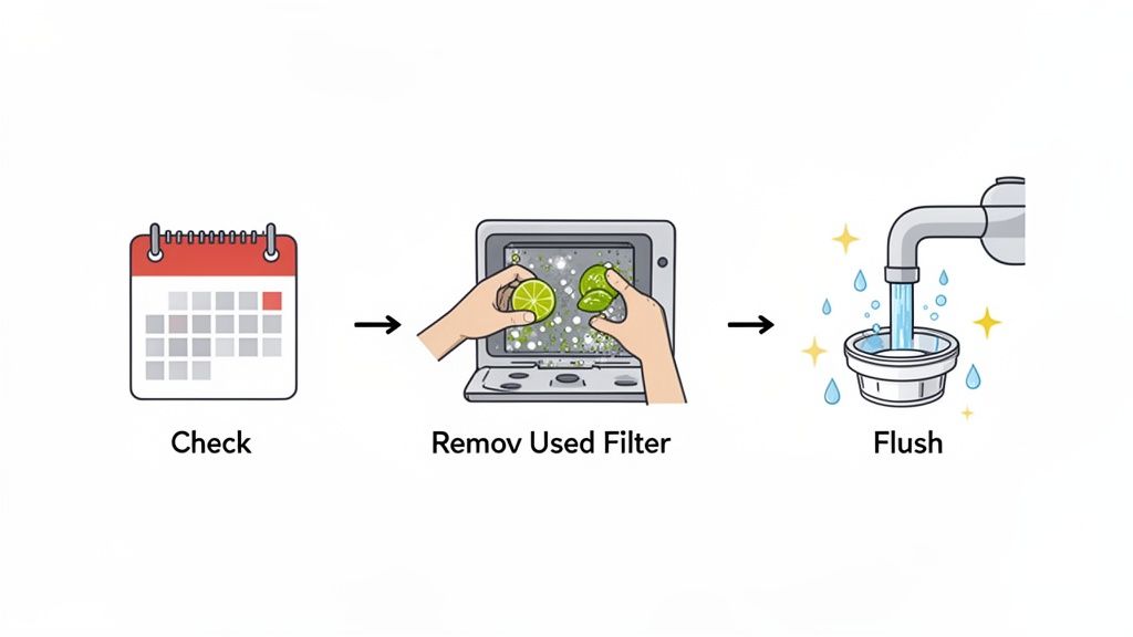 Illustration of checking a calendar, removing a dirty filter, and flushing it clean with water.