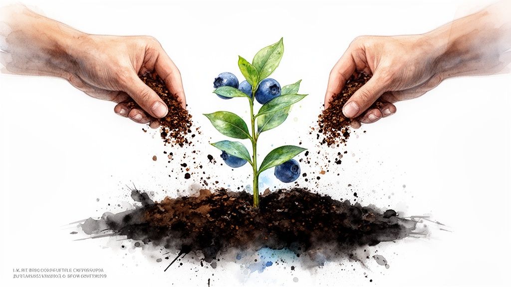 Two hands nourish a growing blueberry plant with coffee grounds in a watercolor illustration.