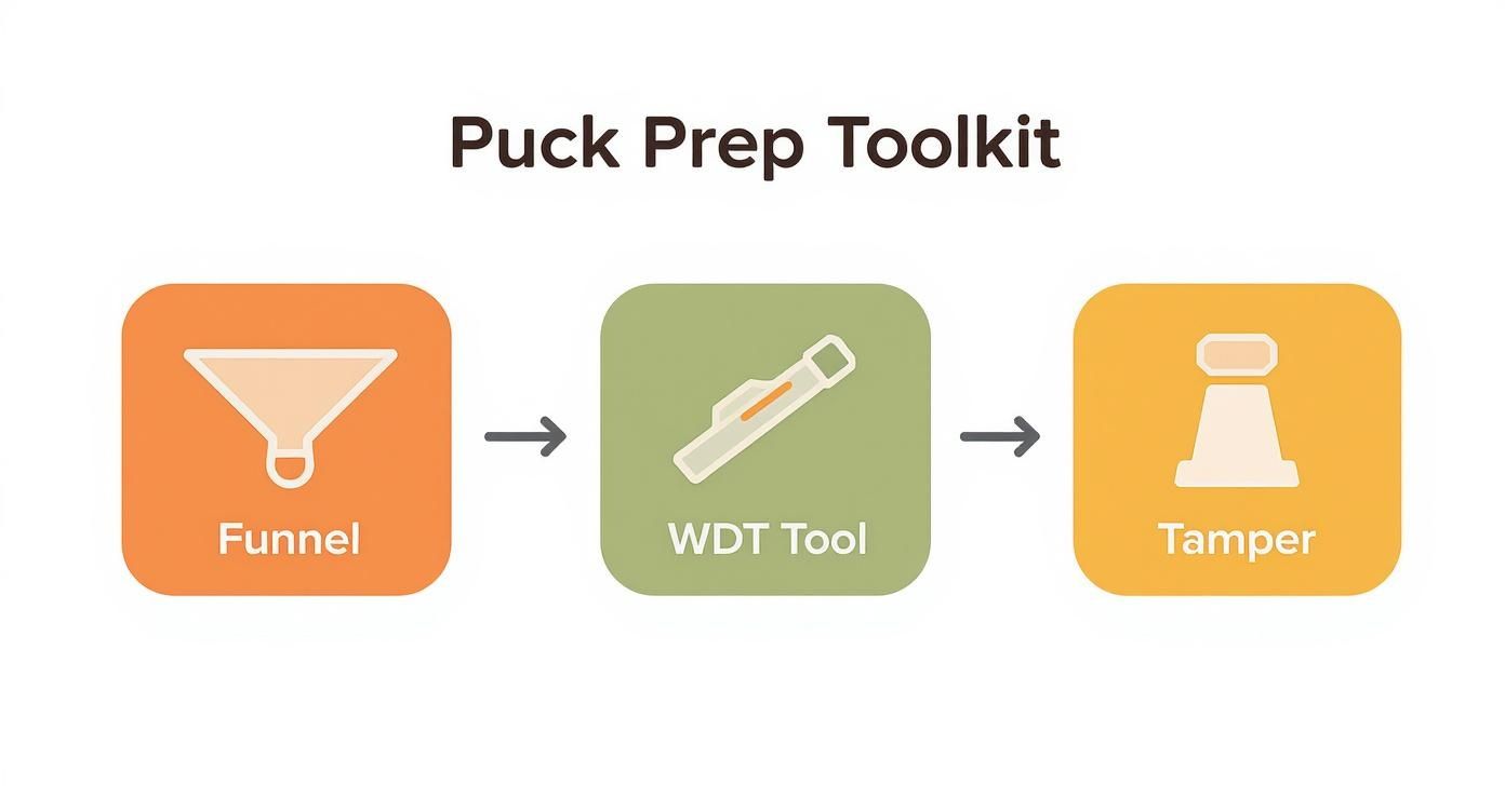 Puck prep toolkit diagram showing workflow from funnel to WDT tool to tamper for espresso preparation