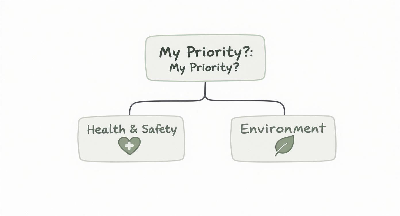 A flowchart illustrating 'My Priority?' branching into 'Health & Safety' with a heart icon and 'Environment' with a leaf icon.