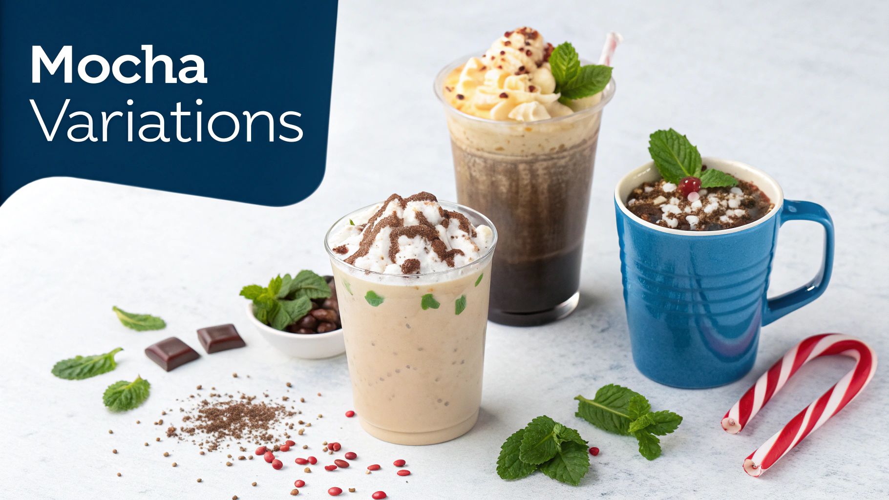 A stylishly presented iced mocha in a tall glass, garnished with cream and chocolate shavings.