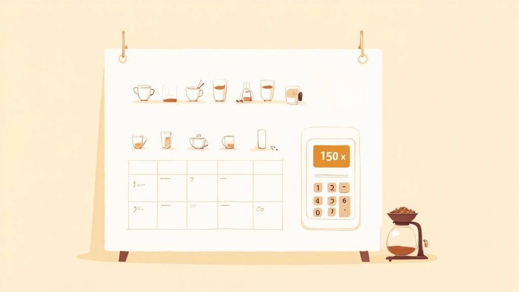 Coffee brewing guide chart with various cups, calculator showing quantity, and bulk coffee storage container