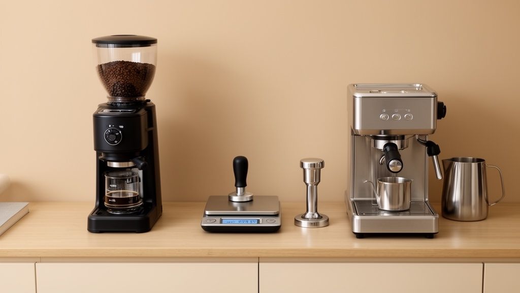 Essential barista tools: coffee grinder, espresso machine, scales, and tampers on a kitchen counter.
