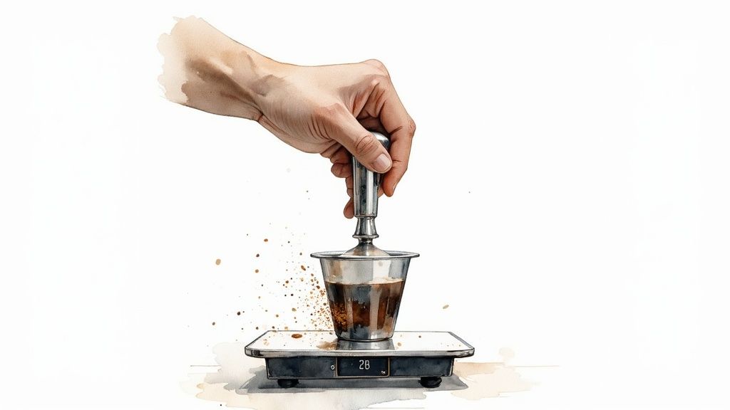A hand presses coffee grounds in a metal cup on a scale with a tamper, scattering coffee. Watercolor style.