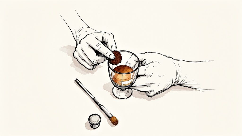 A home barista carefully tamping coffee grounds in a portafilter, with a traditional espresso machine in a background.