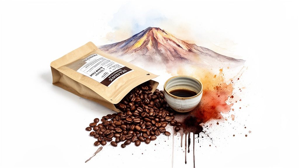 Coffee beans spilling from a craft bag beside a full cup, with a watercolor mountain backdrop.