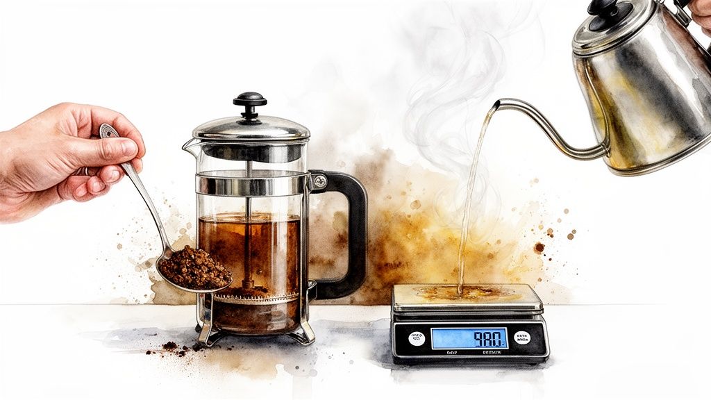 Watercolor illustration of making French press coffee, showing adding grounds and pouring hot water onto a scale.