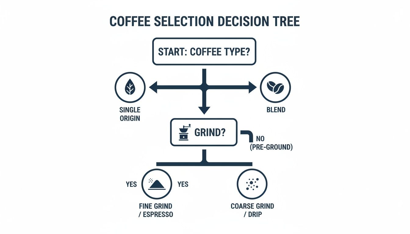 A coffee selection decision tree showing choices for coffee type (single origin or blend) and grind options.