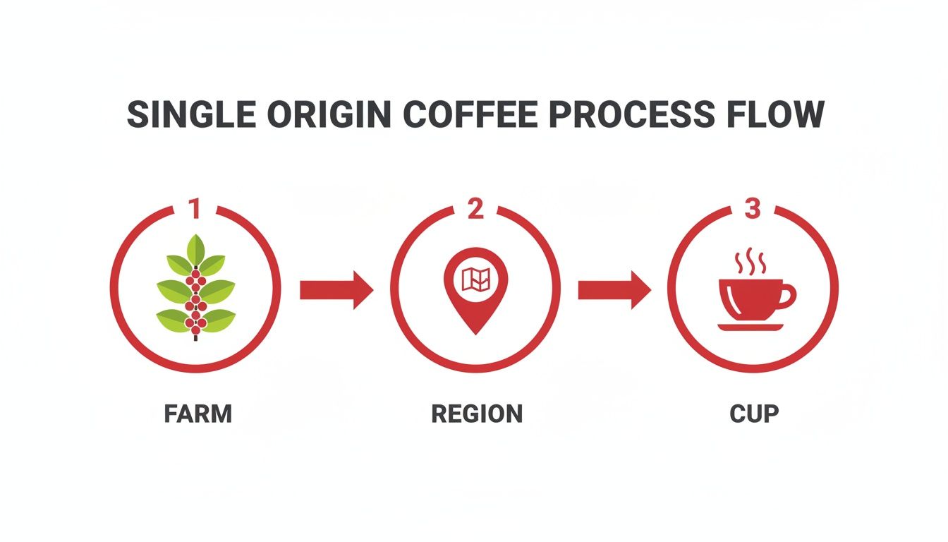 Infographic illustrating the single-origin coffee process flow from farm to region to cup.