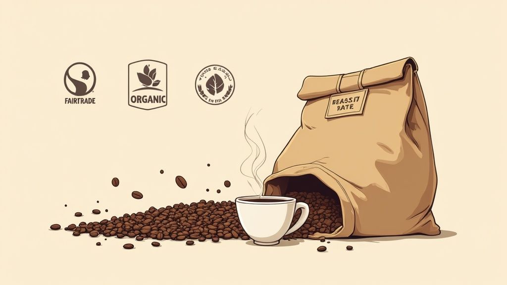Illustration of coffee beans spilling from a bag, a steaming coffee cup, and Fairtrade, Organic, and Roast Date labels.
