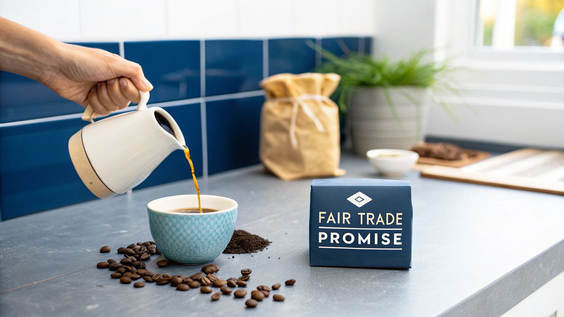 Close-up of freshly roasted coffee beans in a burlap sack, representing ethical sourcing.