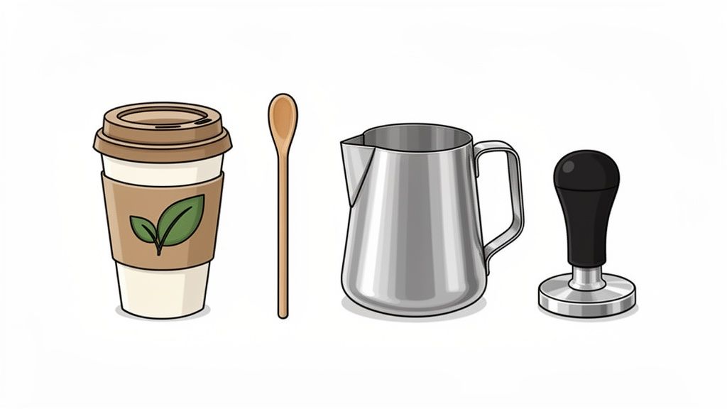 Coffee accessories illustration featuring a take-away cup, spoon, milk pitcher, and espresso tamper.