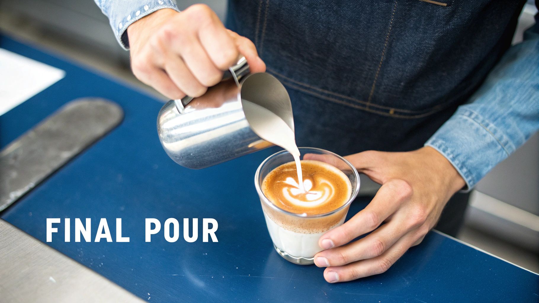 A finished cortado in a Gibraltar glass, ready to be served.